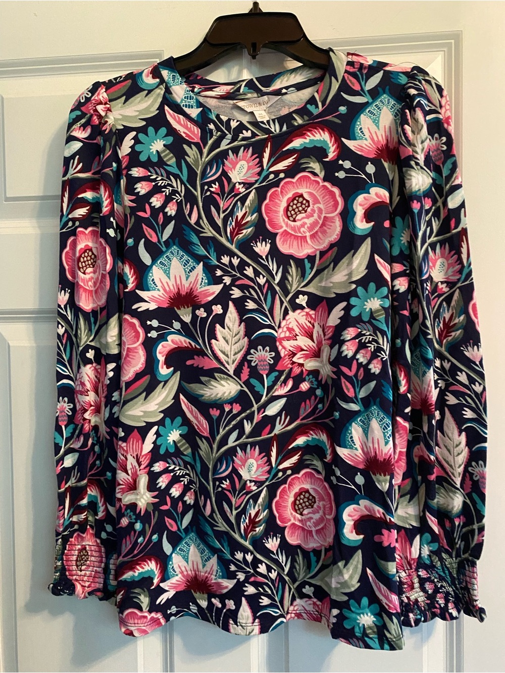 crown & ivy Navy Floral Long-Sleeve Top with Pink and Teal Accents
